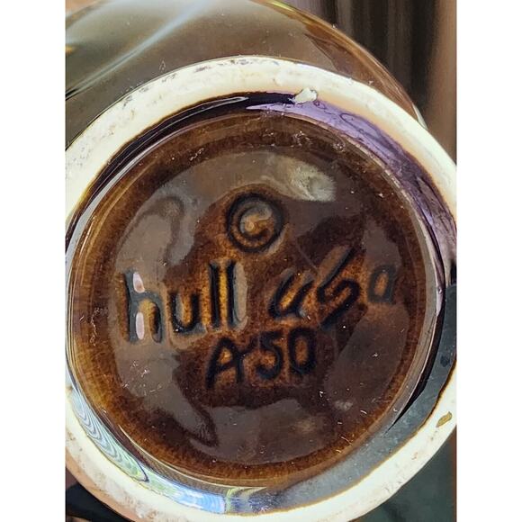 HULL POTTERY-PITCHER-VASE-Brown/Green Drip Glaze-Embossed-Large Pouring Lip - Picture 8 of 10